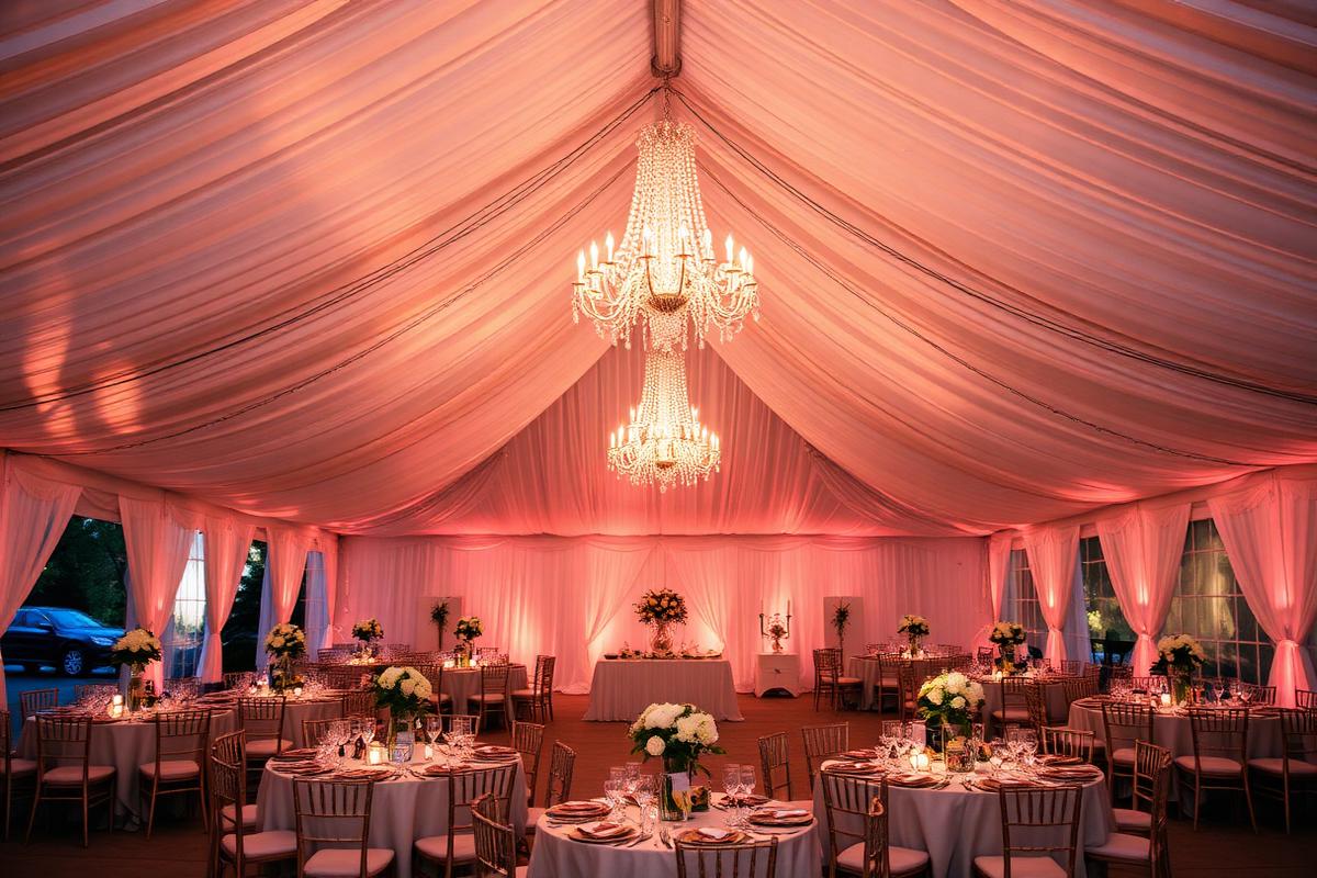 Wedding reception under a decorated tent