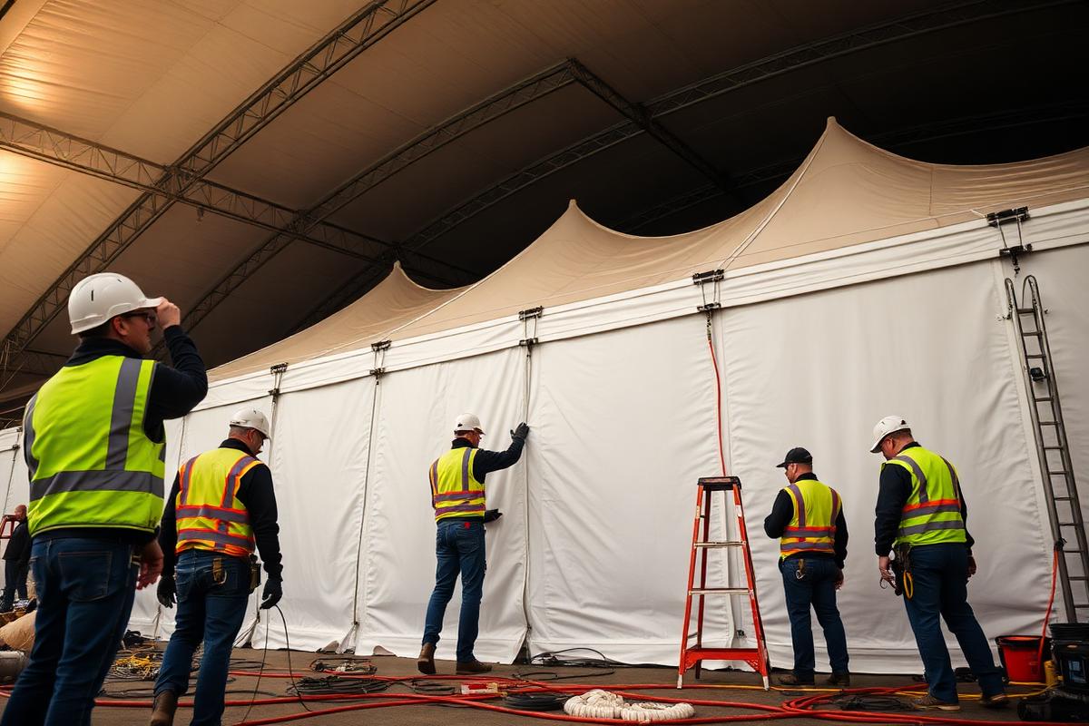 Installation crew assembling a tent