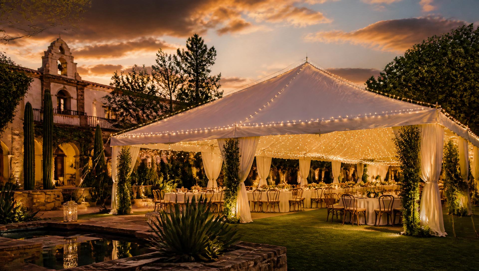 Event tent at a hacienda at dusk