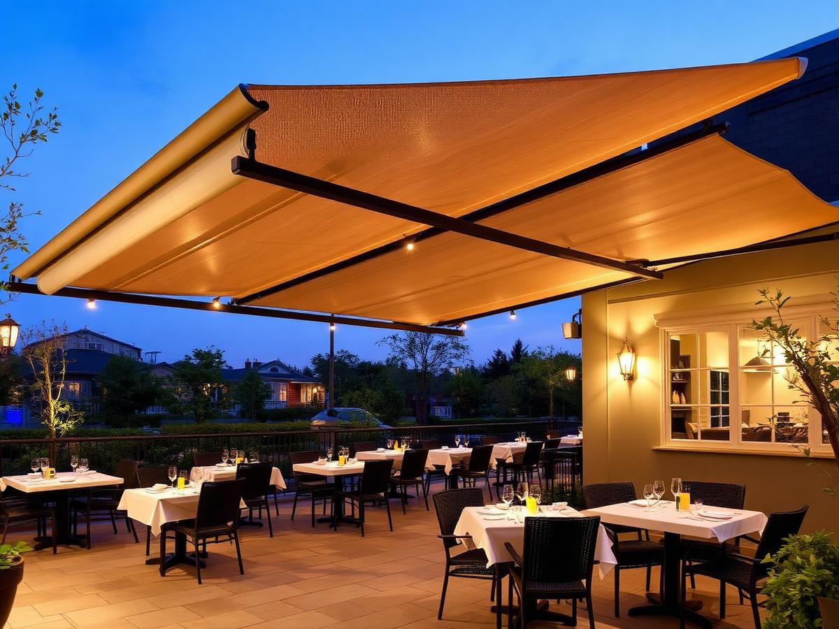 Restaurant patio awning at dusk