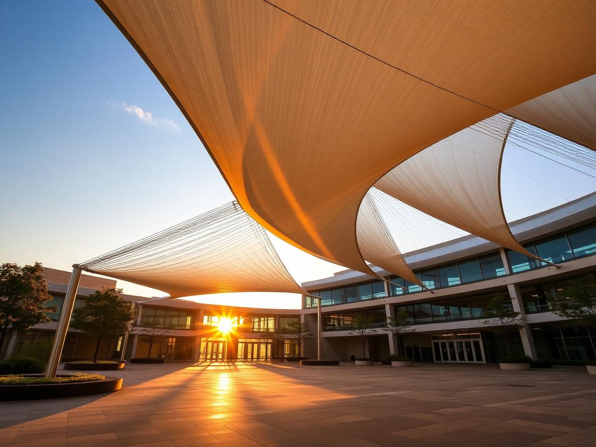 Tensile fabric structure over a plaza